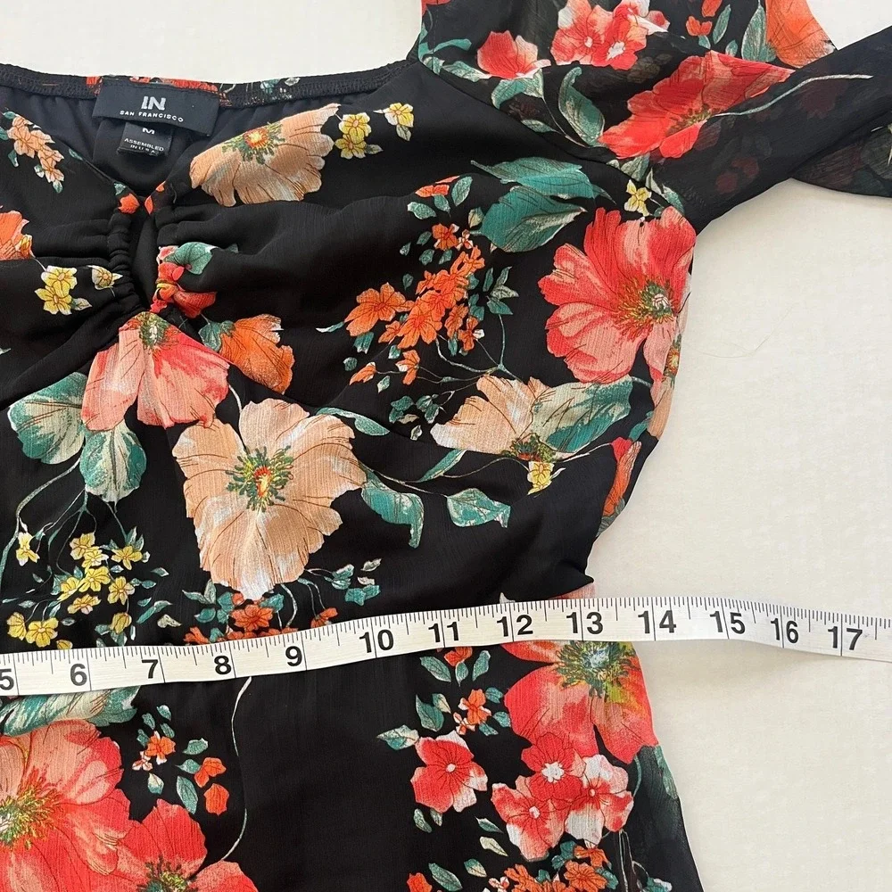 Floral Babydoll Mini Dress M Black Keyhole Bust Sheer Sleeve Boho Fairy Romantic
